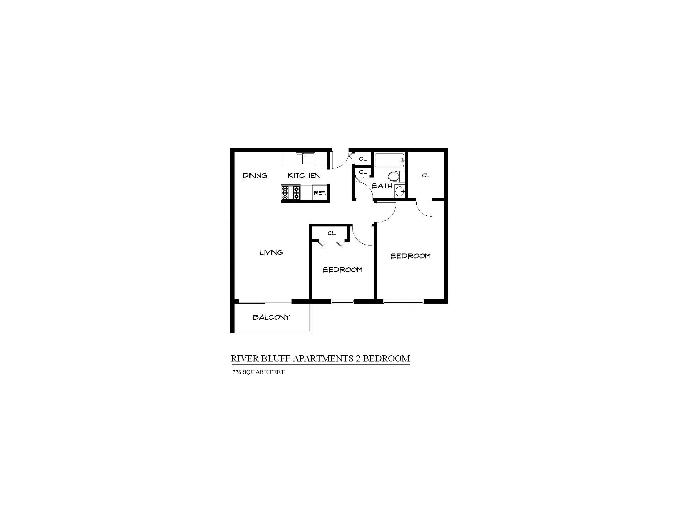 Floor plan for 2 beds, 1 bath, 776 sqft